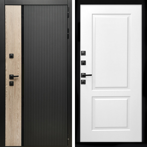Входная дверь Престиж с стеклянной черной вставкой + ФЛ-117 белый матовый