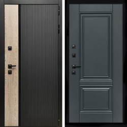 Входная дверь Престиж с стеклянной черной вставкой + ФЛ-117 с полосками графит