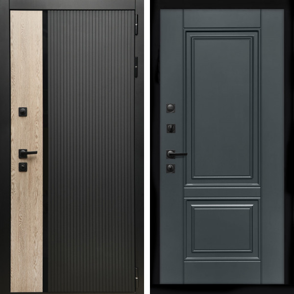 Входная дверь Престиж с стеклянной черной вставкой + ФЛ-117 с полосками графит
