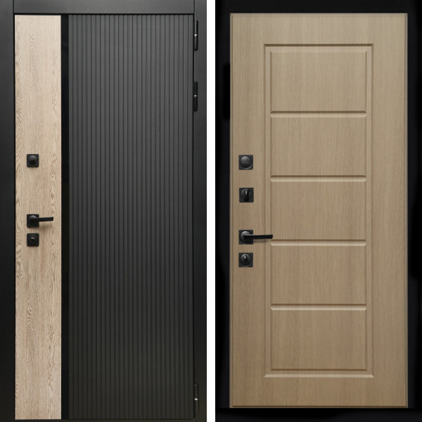 Входная дверь Престиж с стеклянной черной вставкой + ФЛ-39 эко дуб