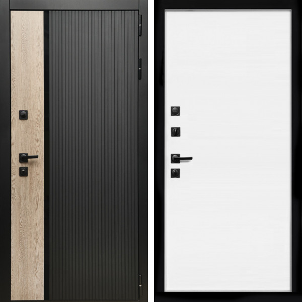 Входная дверь Престиж с стеклянной черной вставкой + Гладкая белый матовый