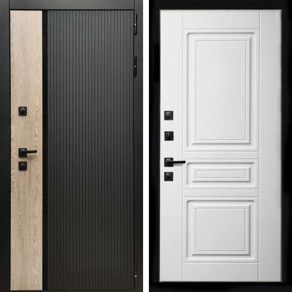 Входная дверь Престиж с стеклянной черной вставкой + Классика белый матовый