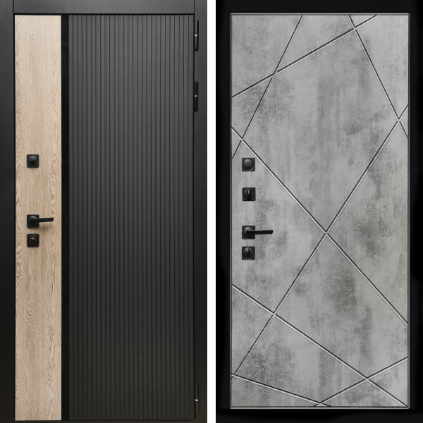 Входная дверь Престиж с стеклянной черной вставкой + Лучи бетон светлый