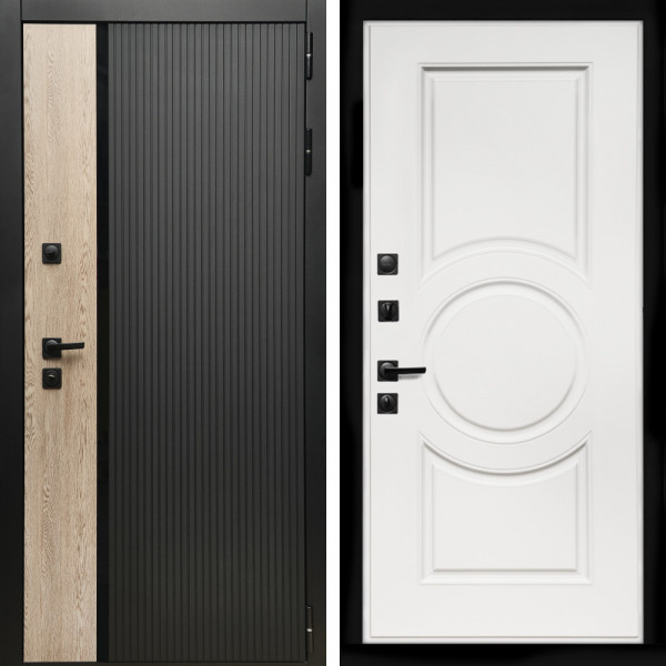 Входная дверь Престиж с стеклянной черной вставкой + МС-100 белый матовый