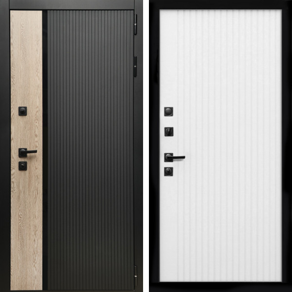 Входная дверь Престиж с стеклянной черной вставкой + Вертикаль белый матовый