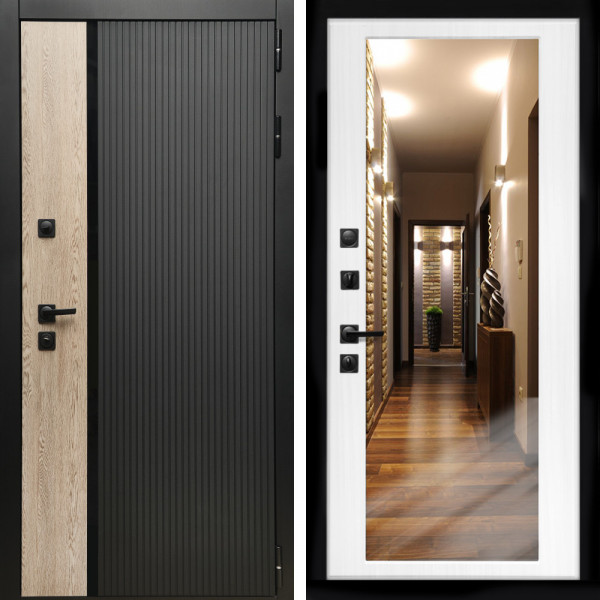 Входная дверь Престиж с стеклянной черной вставкой + Зеркало беленый дуб