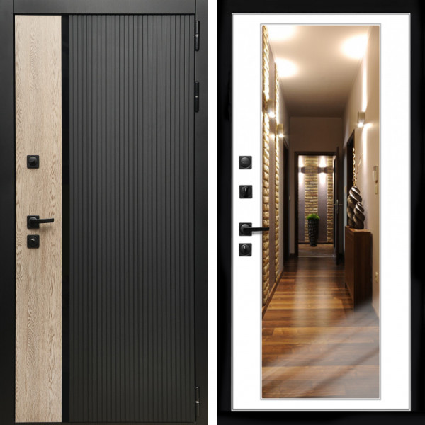 Входная дверь Престиж с стеклянной черной вставкой + Зеркало белый софт