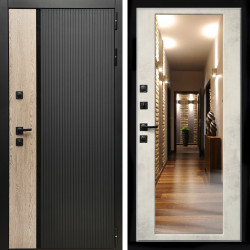 Входная дверь Престиж с стеклянной черной вставкой + Зеркало бетон светлый