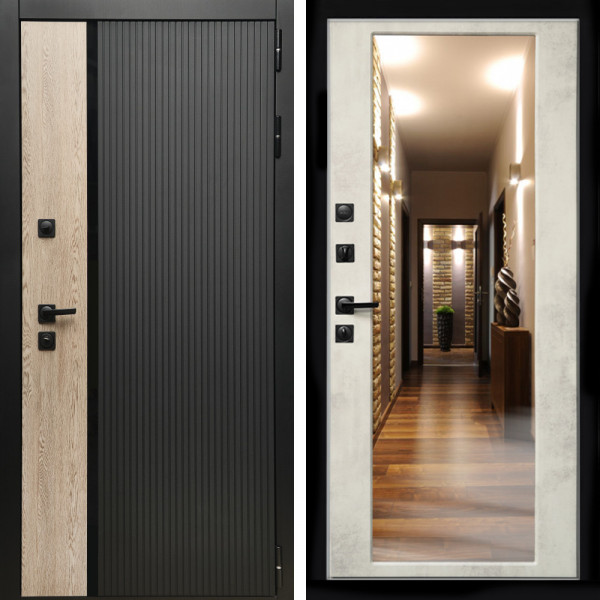 Входная дверь Престиж с стеклянной черной вставкой + Зеркало бетон светлый