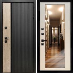 Входная дверь Престиж с стеклянной черной вставкой + Зеркало эко дуб