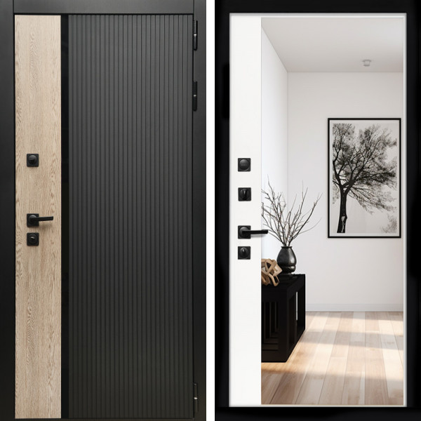 Входная дверь Престиж с стеклянной черной вставкой + Зеркало панорама Белый софт