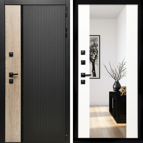 Входная дверь Престиж с стеклянной черной вставкой + Зеркало сб-16 белый матовый