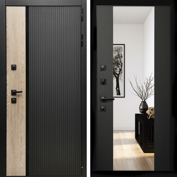 Входная дверь Престиж с стеклянной черной вставкой + Зеркало сб-16 черный кварц