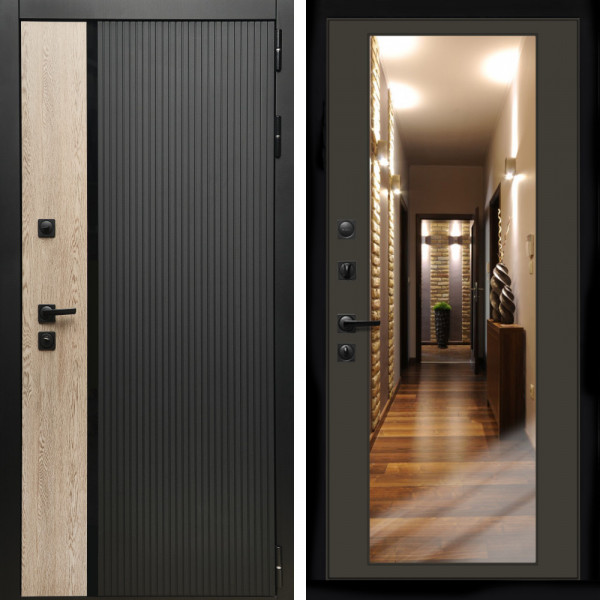 Входная дверь Престиж с стеклянной черной вставкой + Зеркало венге