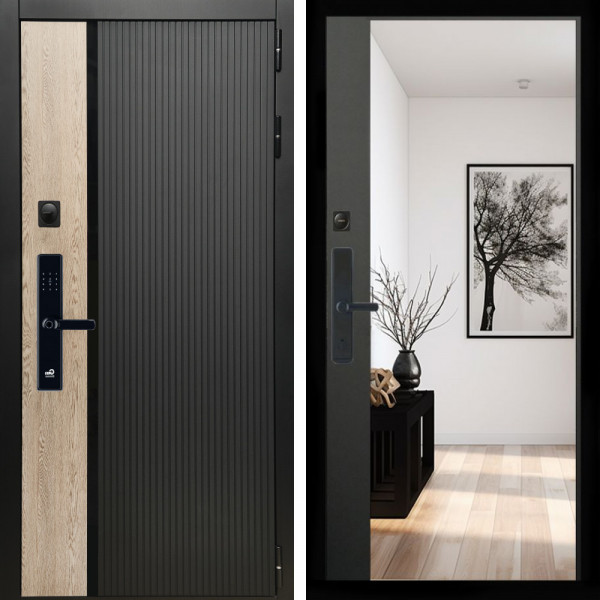 Входная дверь Престиж СО Стеклом SMART + Зеркало панорама Черный кварц