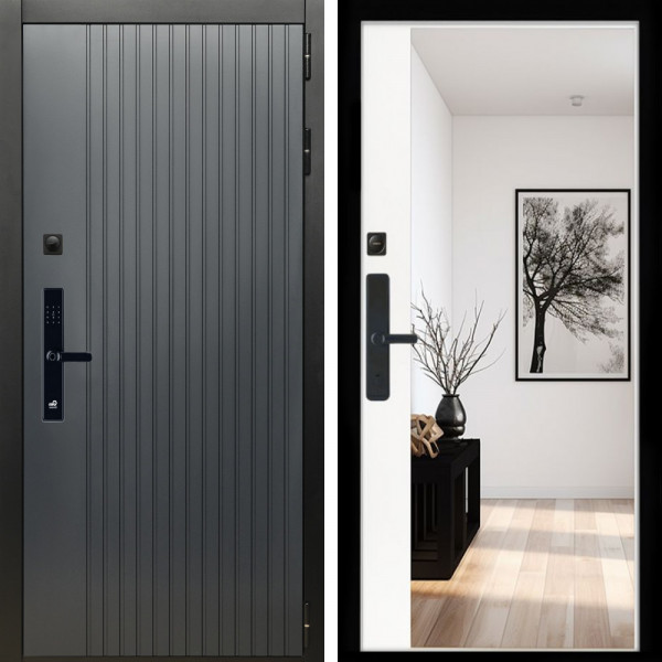 Входная дверь Шторм Графит SMART + Зеркало панорама Белый софт