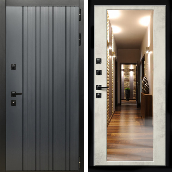 Входная дверь Шторм Графит + Зеркало бетон светлый