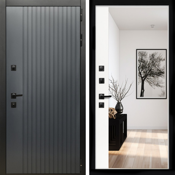 Входная дверь Шторм Графит + Зеркало панорама Белый софт