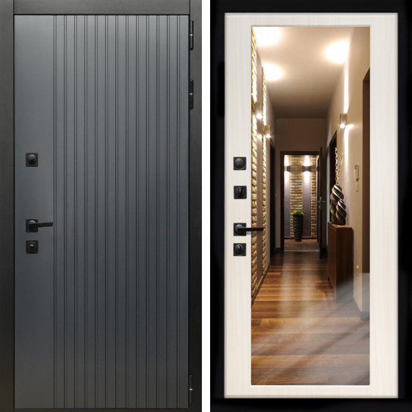 Входная дверь Шторм Графит + Зеркало сандал белый