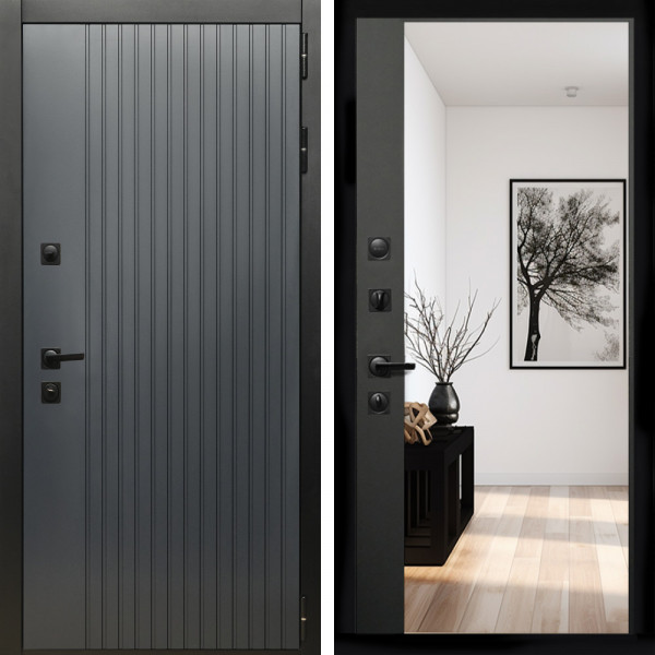 Входная дверь Шторм + Зеркало панорама Черный кварц