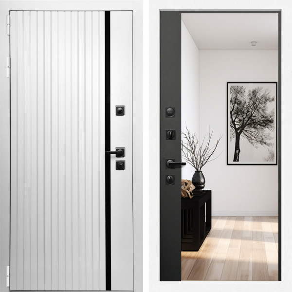 Входная дверь Вертика + Зеркало панорама Черный кварц