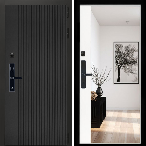 Входная дверь Вертикаль Блек SMART + Зеркало панорама Белый софт