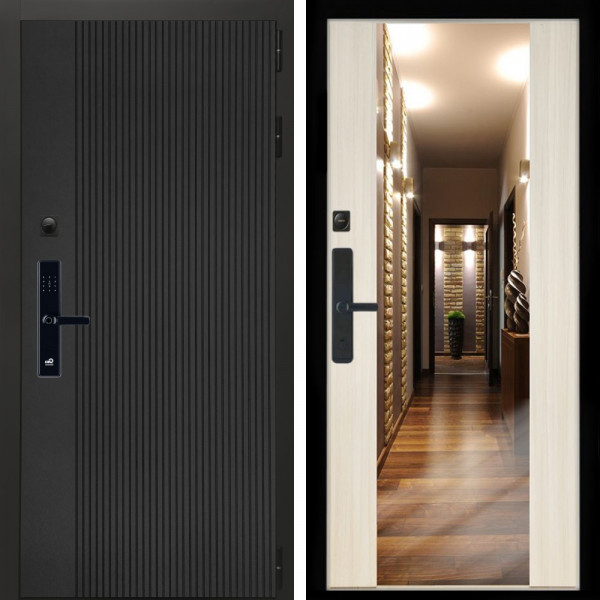 Входная дверь Вертикаль Блек SMART + Зеркало СБ-16 сандал белый