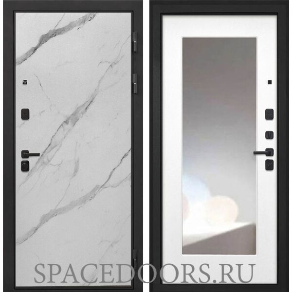 Входная дверь Интекрон Профит black мрамор арктик Белая матовая с зеркалом ФЛЗ-120-М