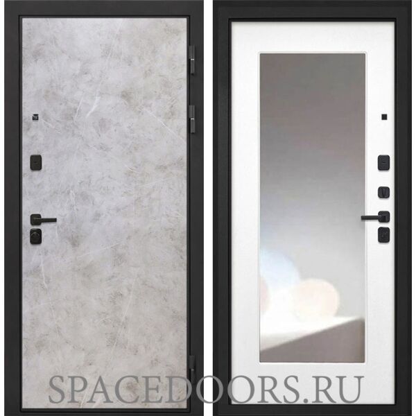 Входная дверь Интекрон Профит black мрамор светлый Белая матовая с зеркалом ФЛЗ-120-М