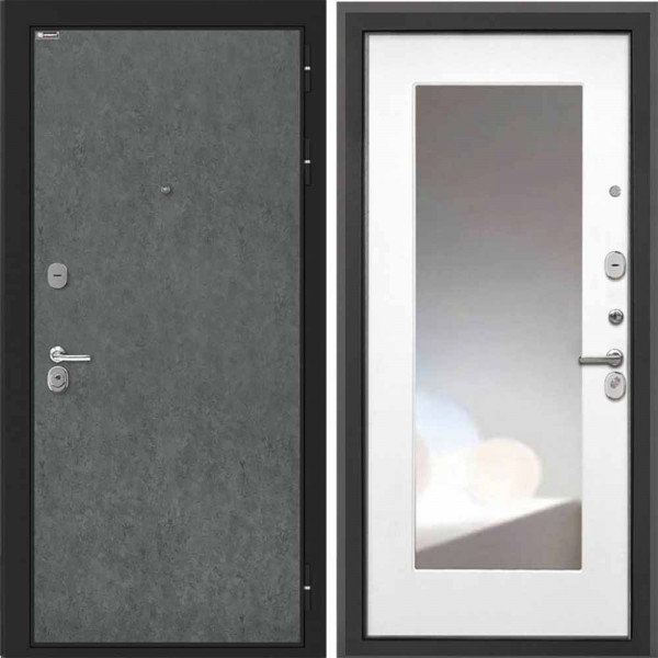 Входная дверь Интекрон Сицилия Remix Штукатурка графит Белая матовая с зеркалом ФЛЗ-120-М