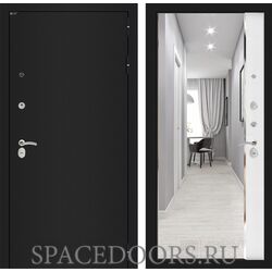 Входная дверь Лабиринт CLASSIC шагрень черная с зеркалом Панорама - Белый софт
