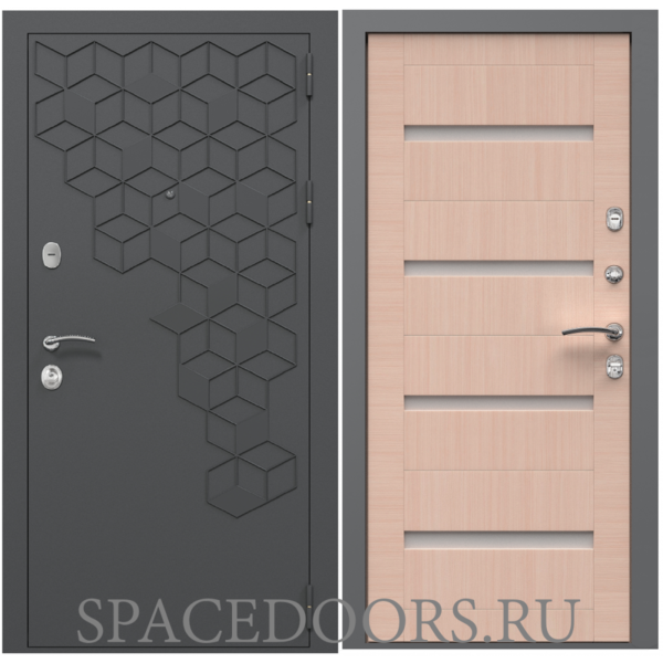 Входная дверь ZELAR Евро 2,  RAL 7016 (штамп1) темно серый гексагон, акация светлый горизонт №4