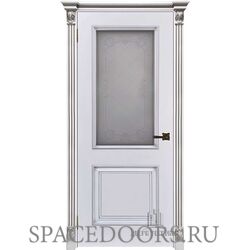 Дверь межкомнатная Багет 32 Патина серебро эмаль белая остекленная